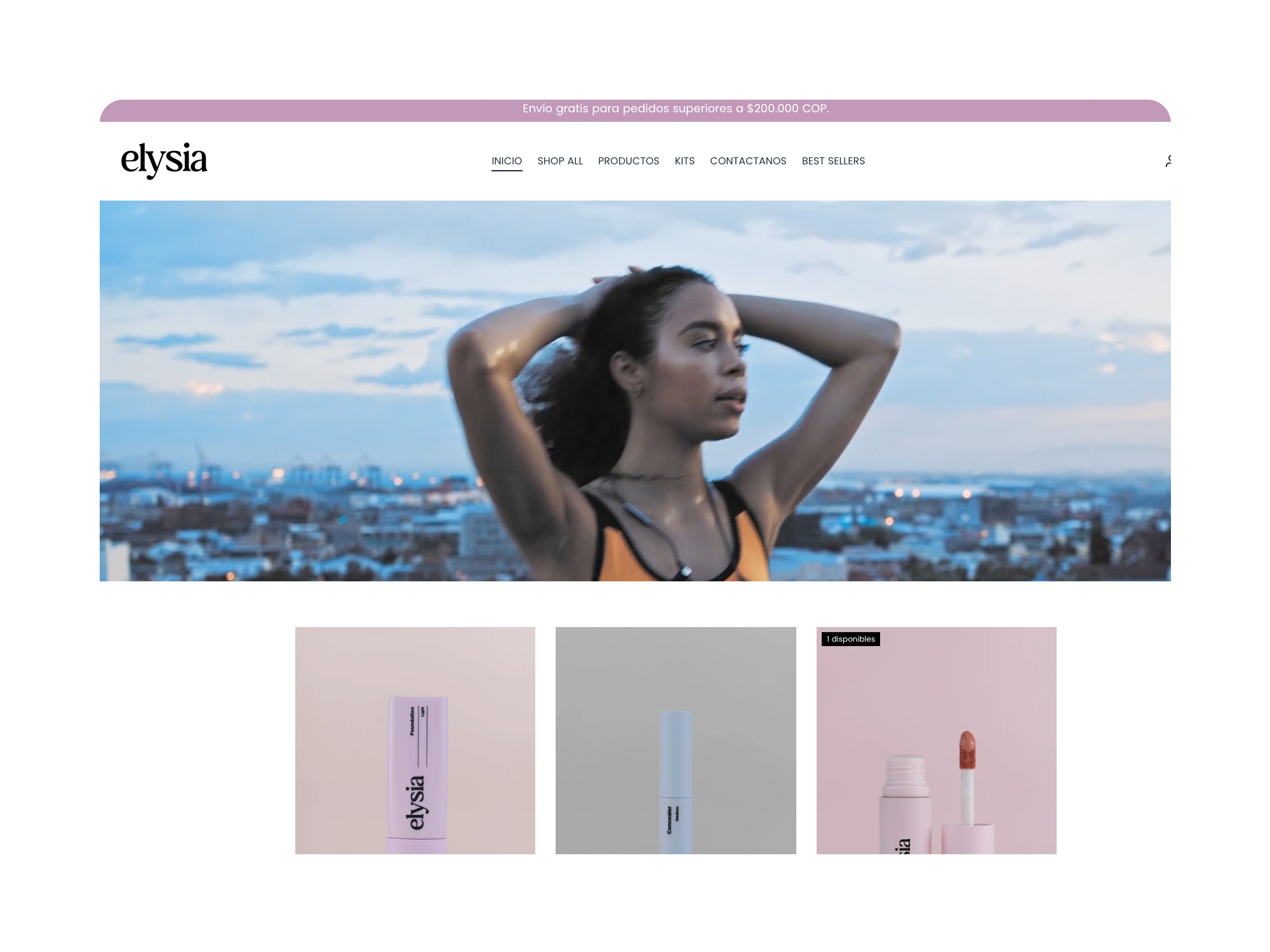 Desktop hero slider showing an athletic woman doing a pull‑up under the Elysia logo and “Unstoppable Beauty” headline