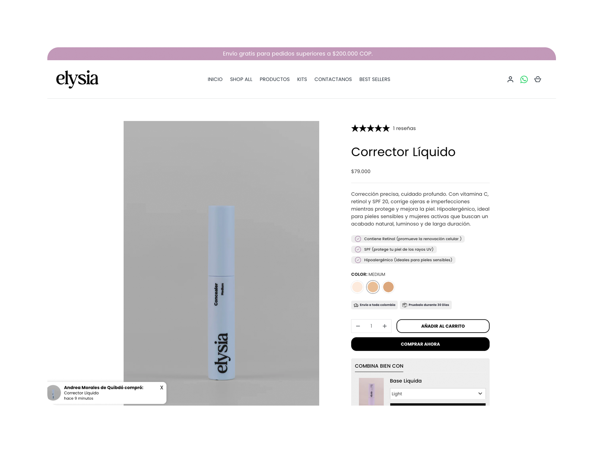 Desktop listing of three Elysia product cards—Combo, Liquid Foundation, Liquid Corrector—with offer tags, prices, and ratings