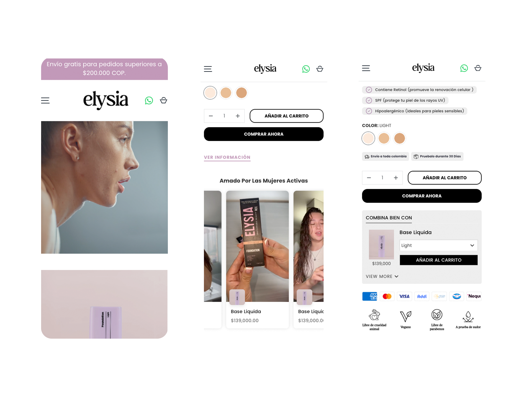 Mobile view: Elysia hero image, a product card for the Combo with price and rating, and the Liquid Foundation detail page with swatches and buy button