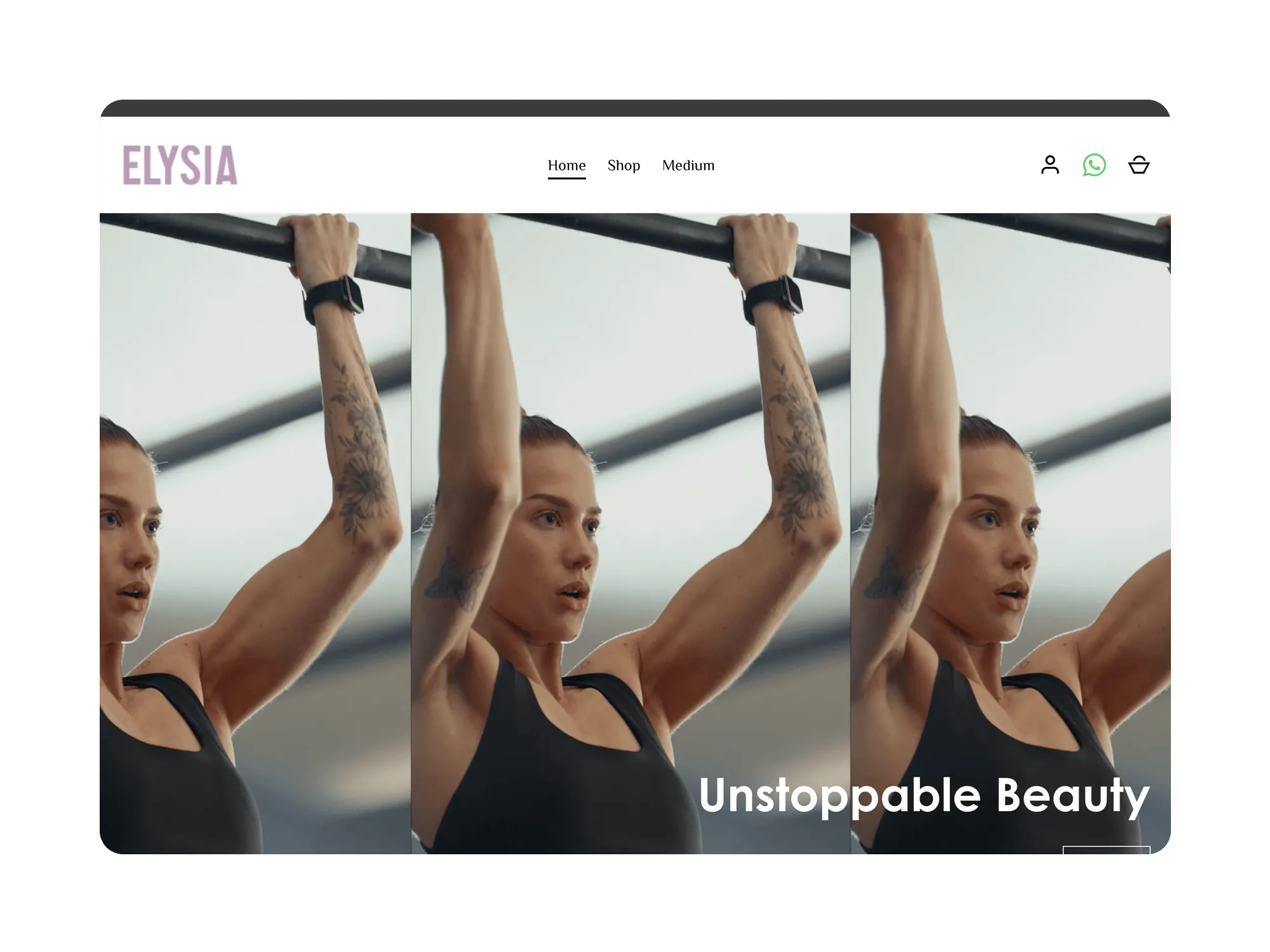 Desktop hero slider showing an athletic woman doing a pull‑up under the Elysia logo and “Unstoppable Beauty” headline