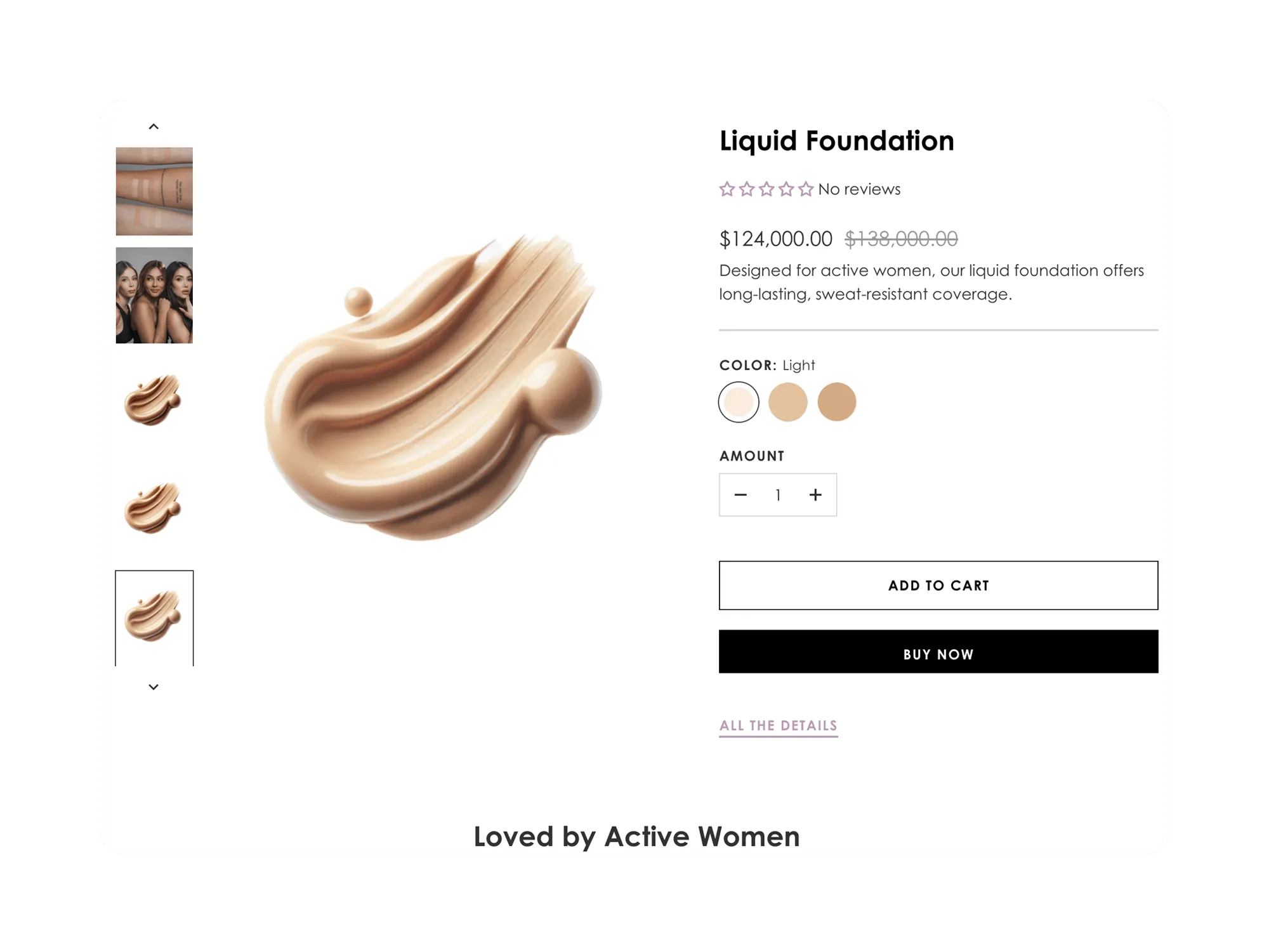 Desktop product page for Liquid Foundation showing large product image, color swatches, price, quantity selector, and Add to Cart/Buy Now buttons