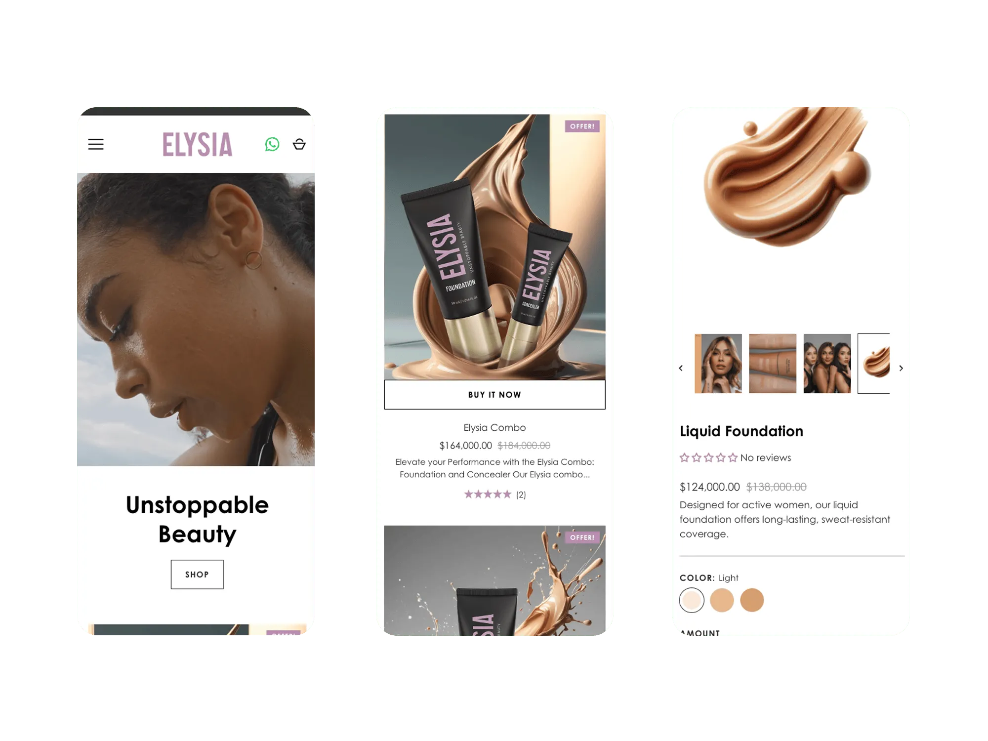 Mobile view: Elysia hero image, a product card for the Combo with price and rating, and the Liquid Foundation detail page with swatches and buy button