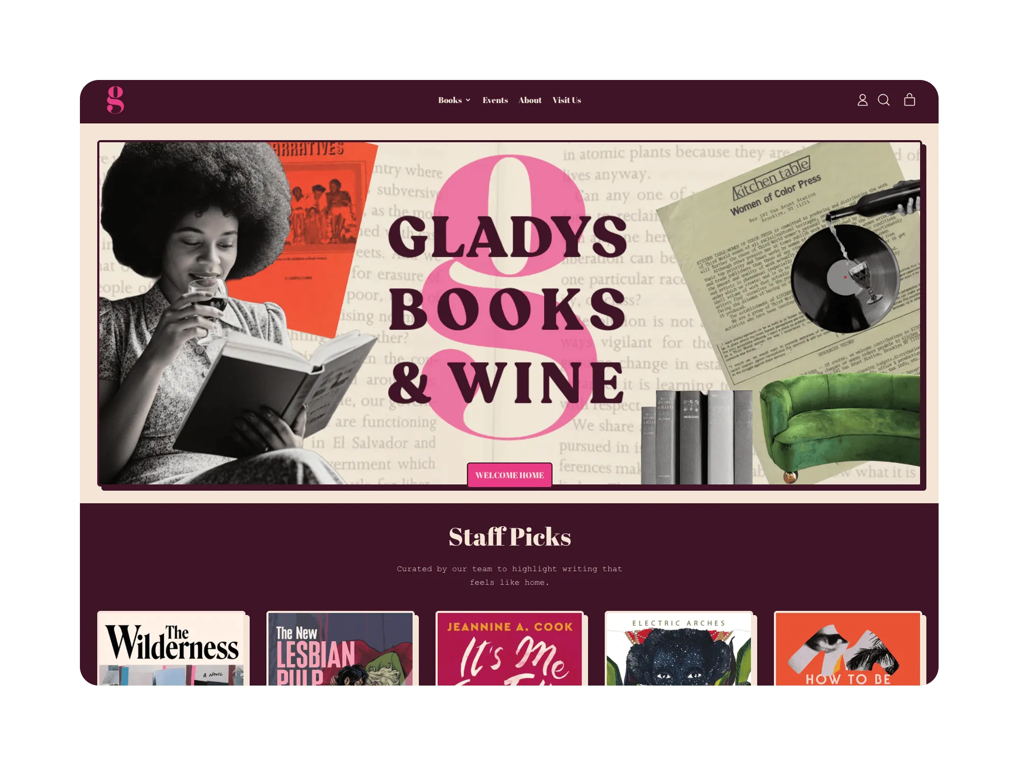 Homepage of Gladys Books & Wine showing a woman reading while drinking wine, collage of books, vinyl record, and green sofa with the headline “Gladys Books & Wine”.