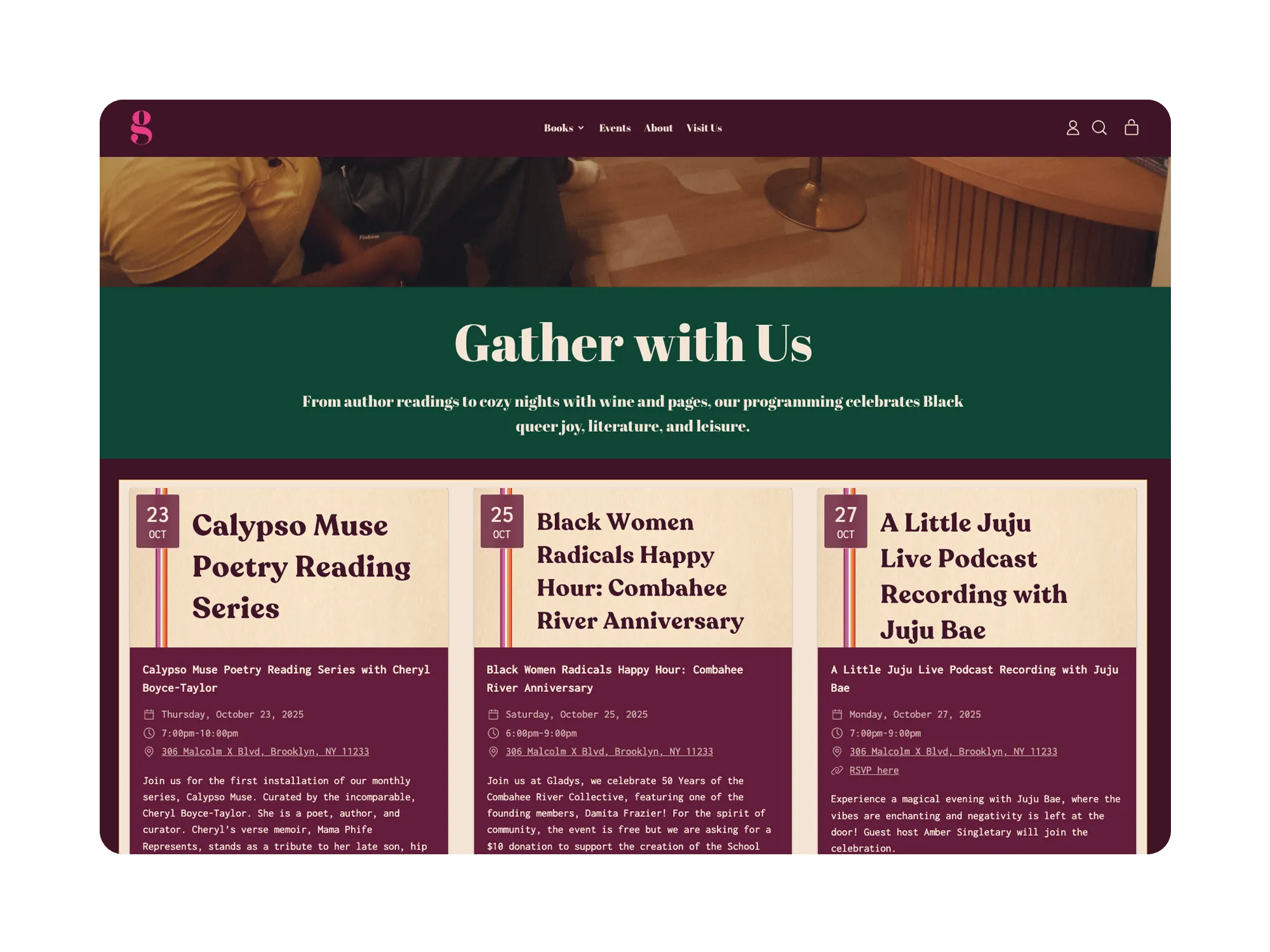 Events page of Gladys Books & Wine titled “Gather with Us,” featuring upcoming poetry readings, happy hours, and live podcast events with dates and locations.