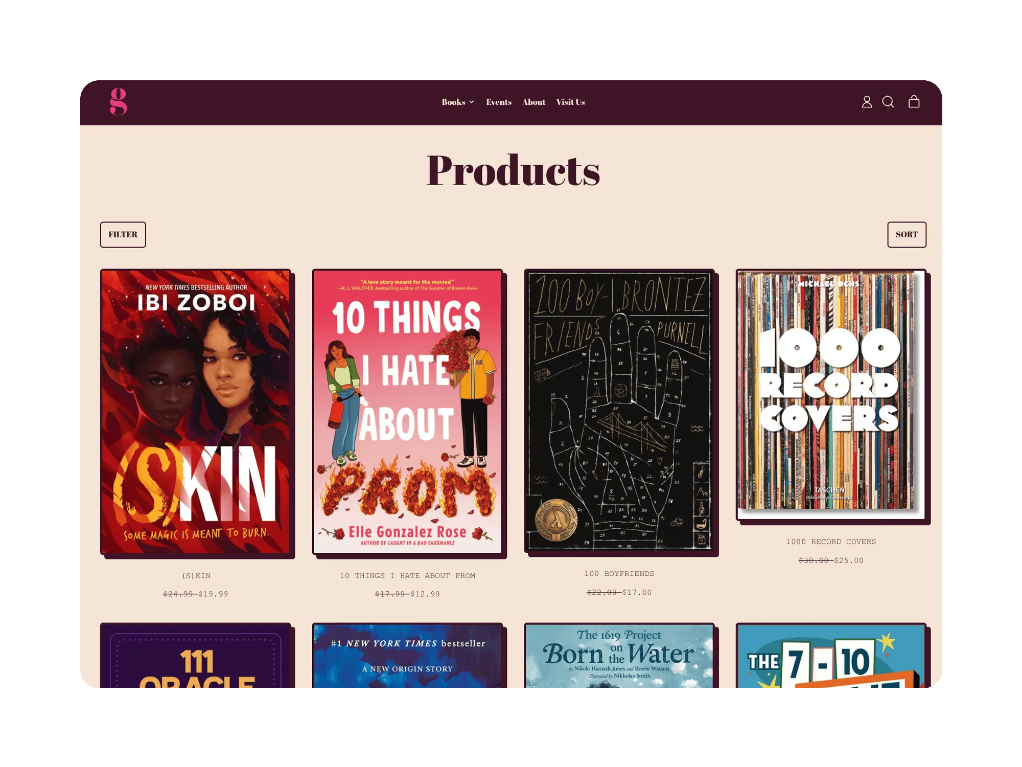 Product listing page of Gladys Books & Wine bookstore showing book covers such as “(S)KIN,” “10 Things I Hate About Prom,” and “1000 Record Covers”