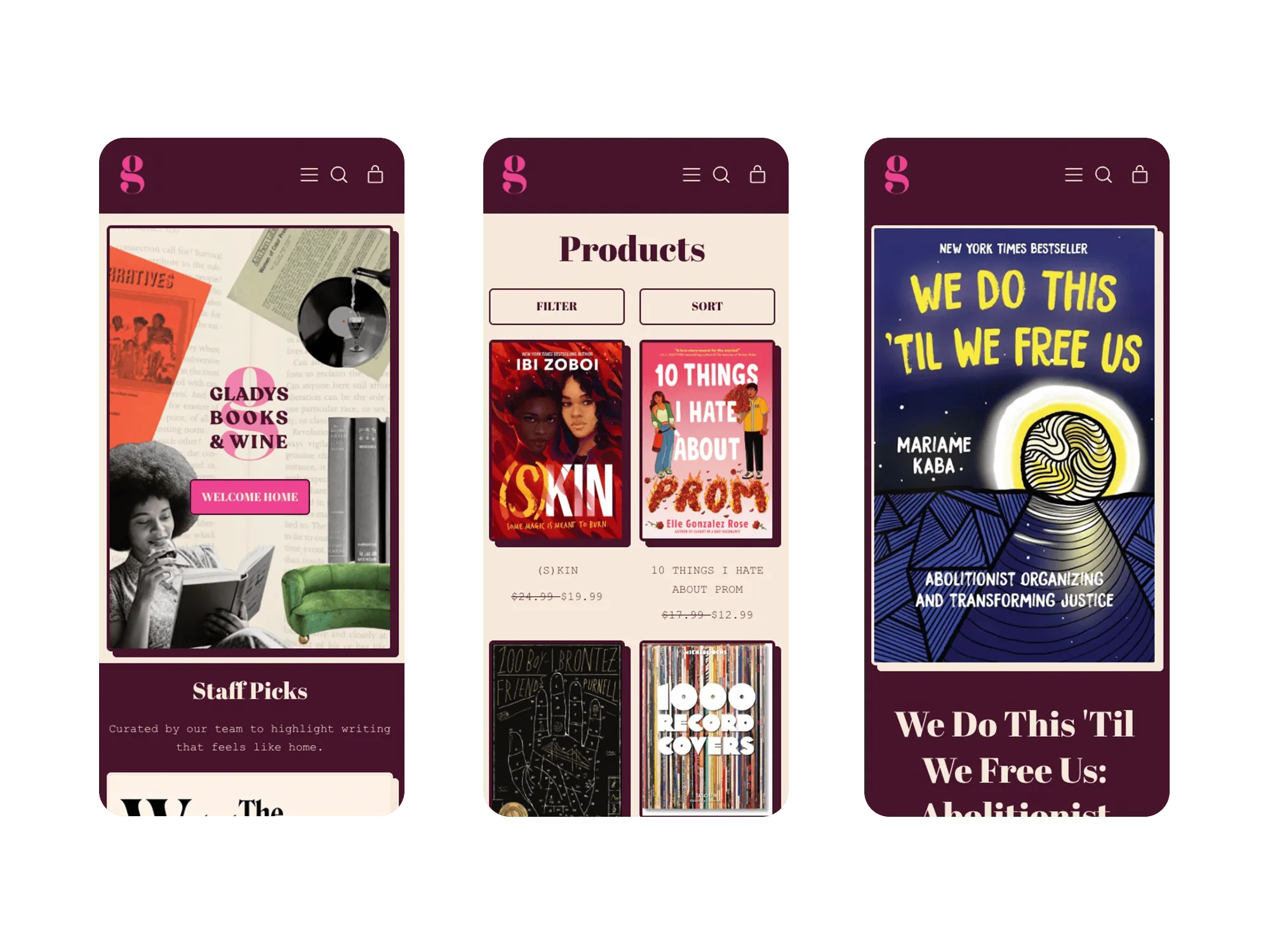 Mobile view of Gladys Books & Wine website showing homepage banner, product grid, and book detail layout optimized for smartphones.