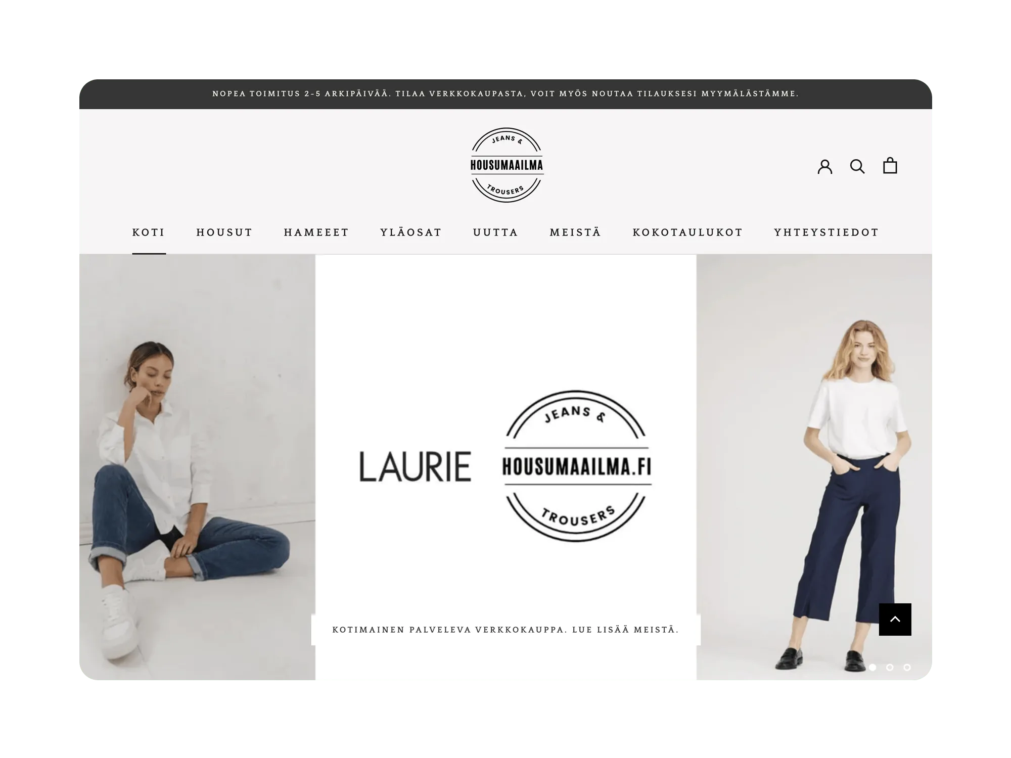 Desktop homepage of Housumaailma showing two women modeling trousers beside the logo with a minimalist navigation bar