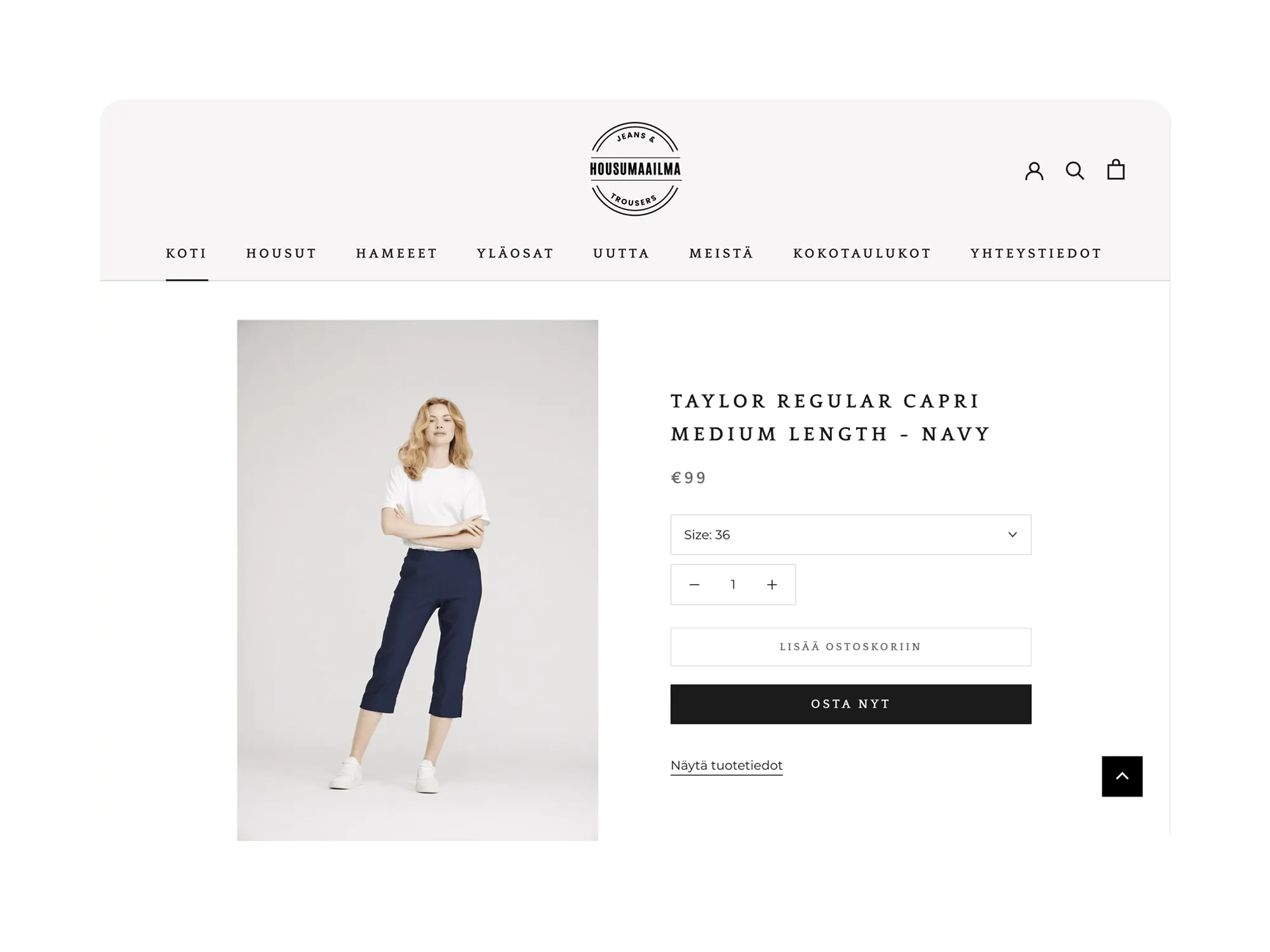 Desktop product page for navy Taylor Regular Capri showing model, size selector, quantity control, and buy buttons