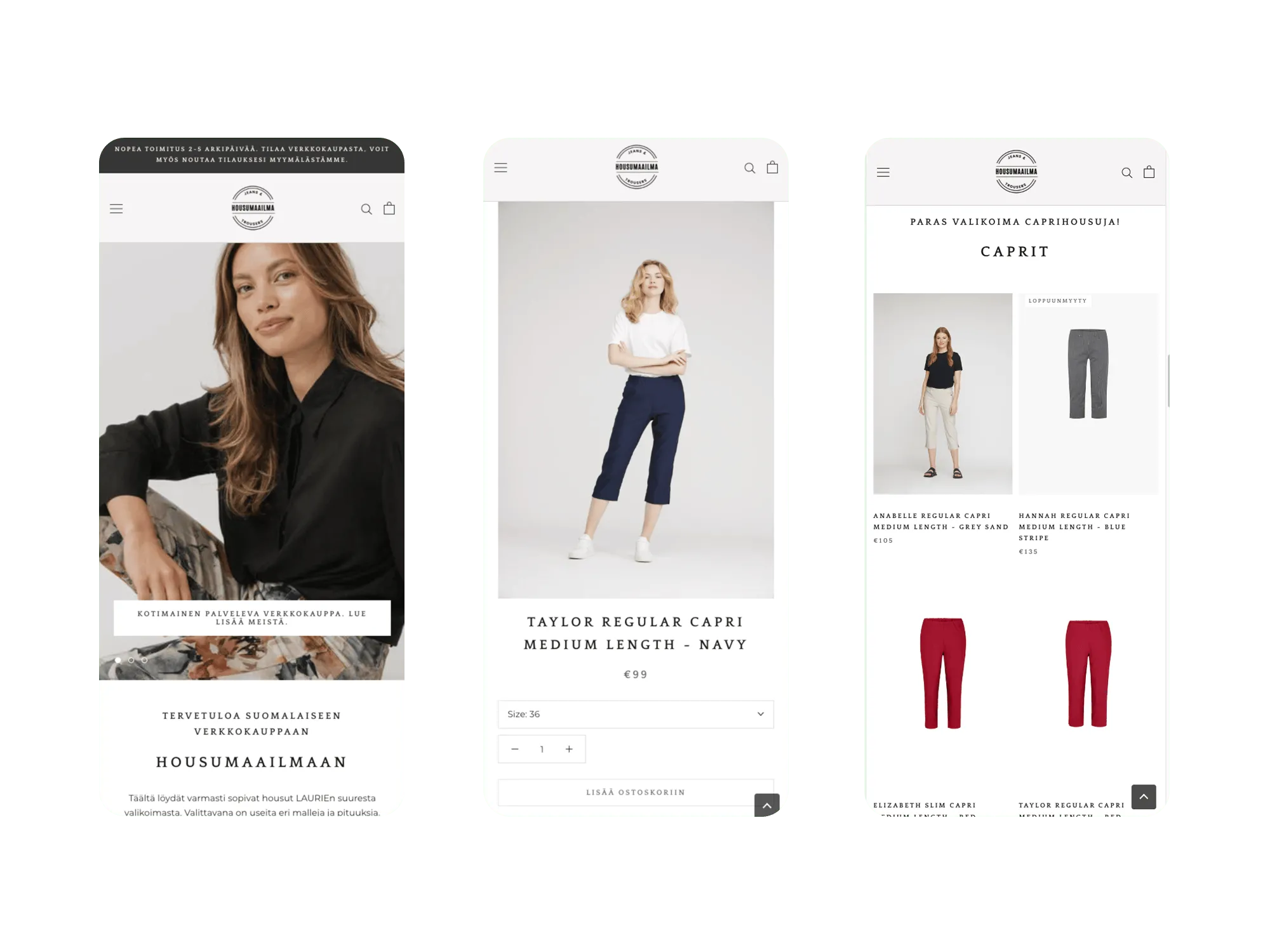 Mobile view of Housumaailma showing homepage model, Taylor Regular Capri page, and capri collection with simple nav