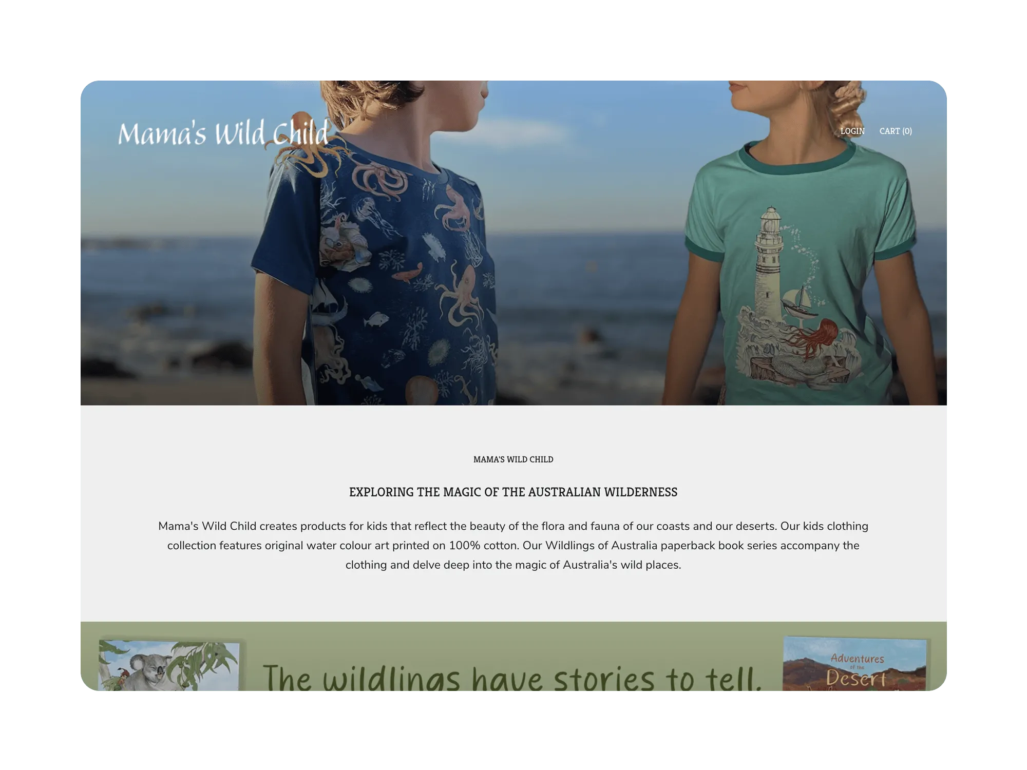 Desktop view: two children by the ocean wearing illustrated wilderness‑themed t‑shirts on Mama’s Wild Child homepage