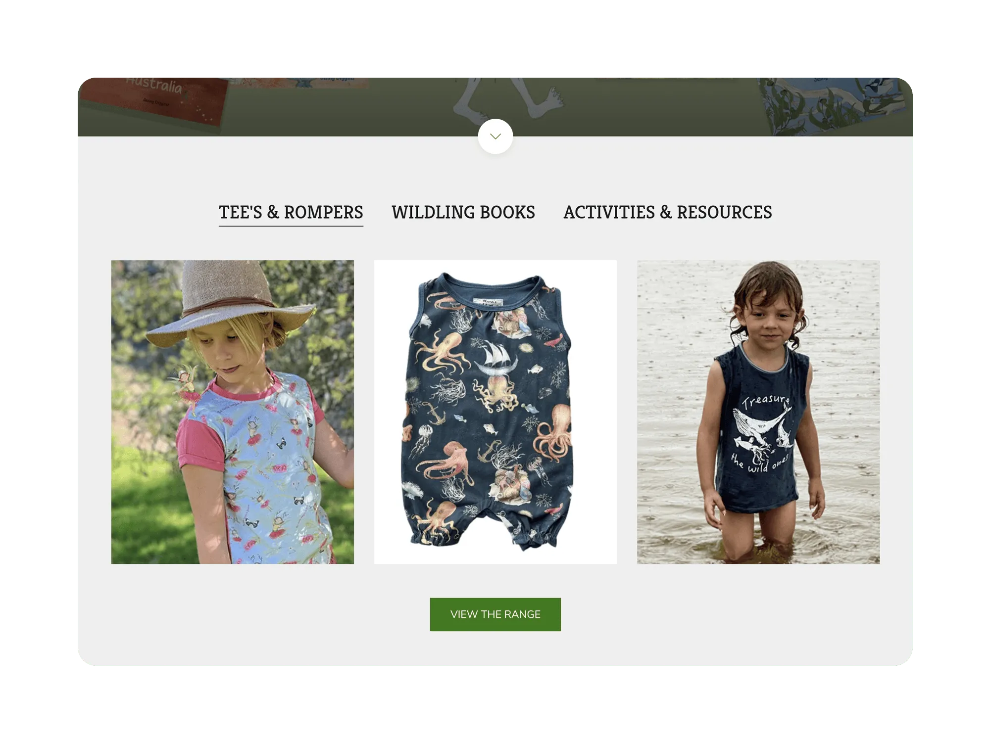 Desktop section: categories for Tees & Rompers, Wildling Books, and Activities with images and “View the Range” button