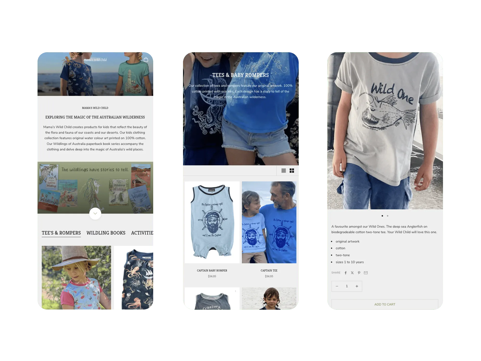 Mobile view: Mama’s Wild Child showing homepage, tees & rompers category, and Wild One anglerfish t‑shirt product page with simple navigation