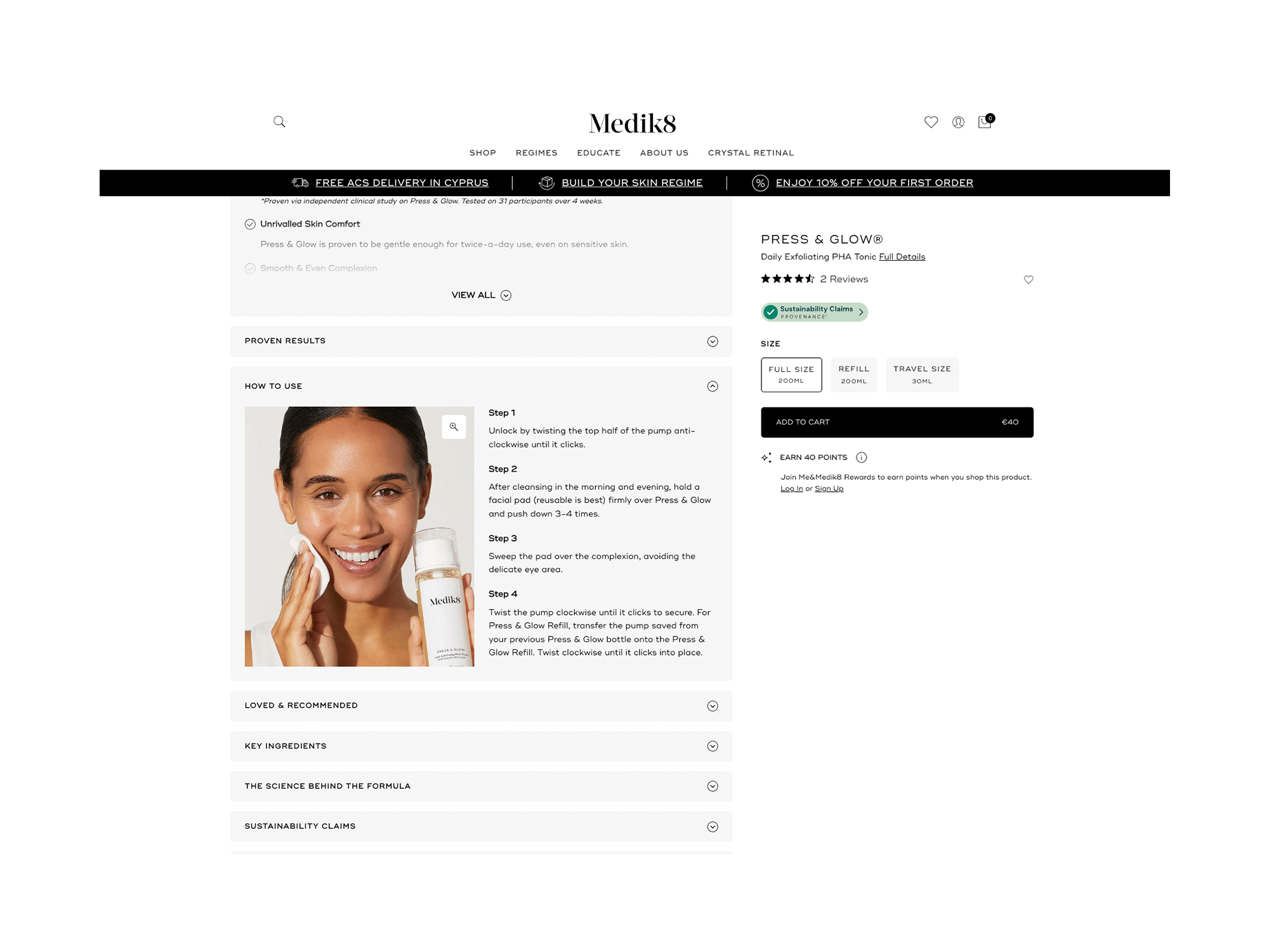 Medik8 product page for “Press & Glow” tonic showing usage steps, a woman applying it, size options and Add to Cart.