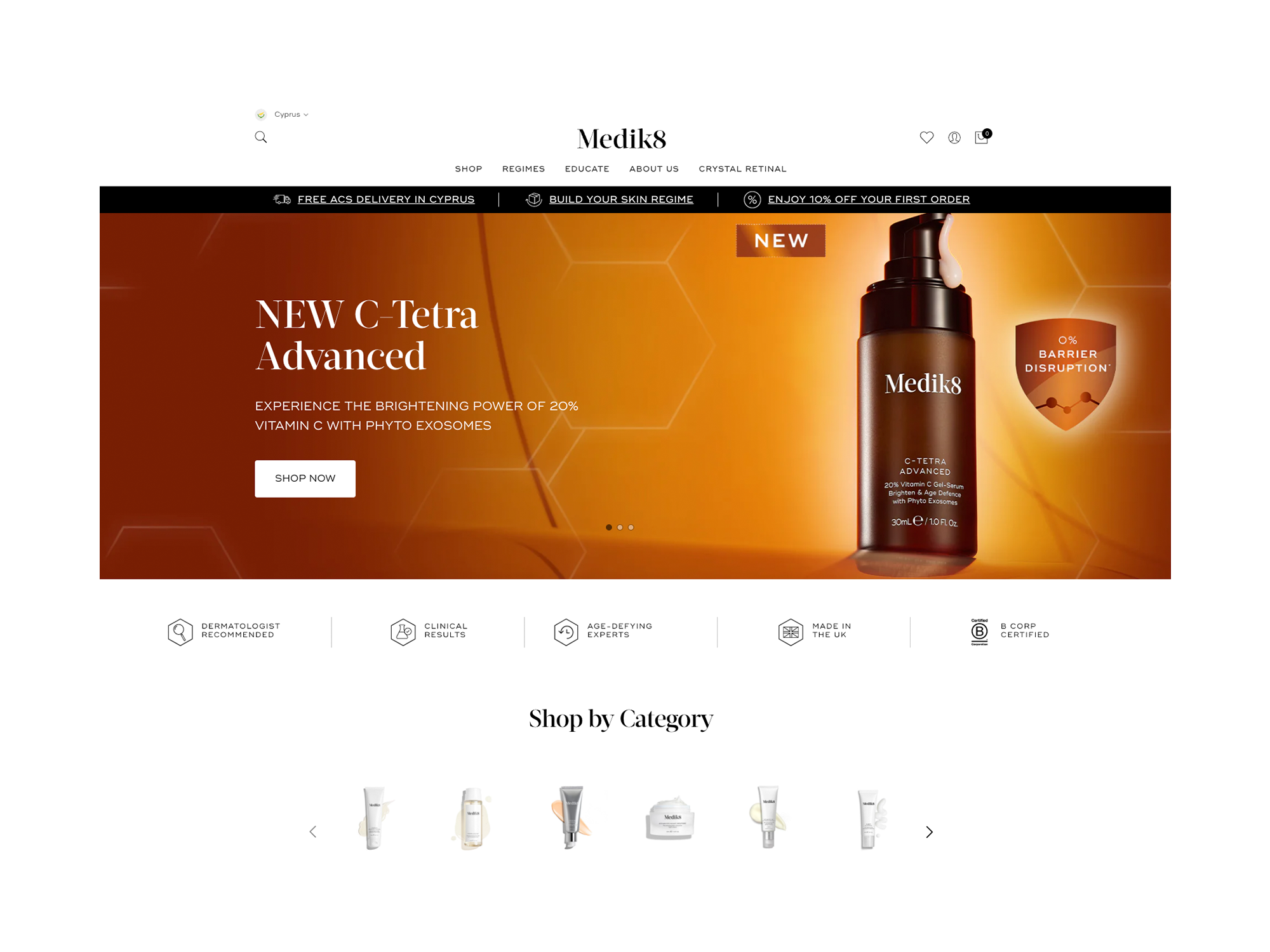 Medik8 homepage hero highlighting new C-Tetra Advanced serum bottle with “Shop Now” button.