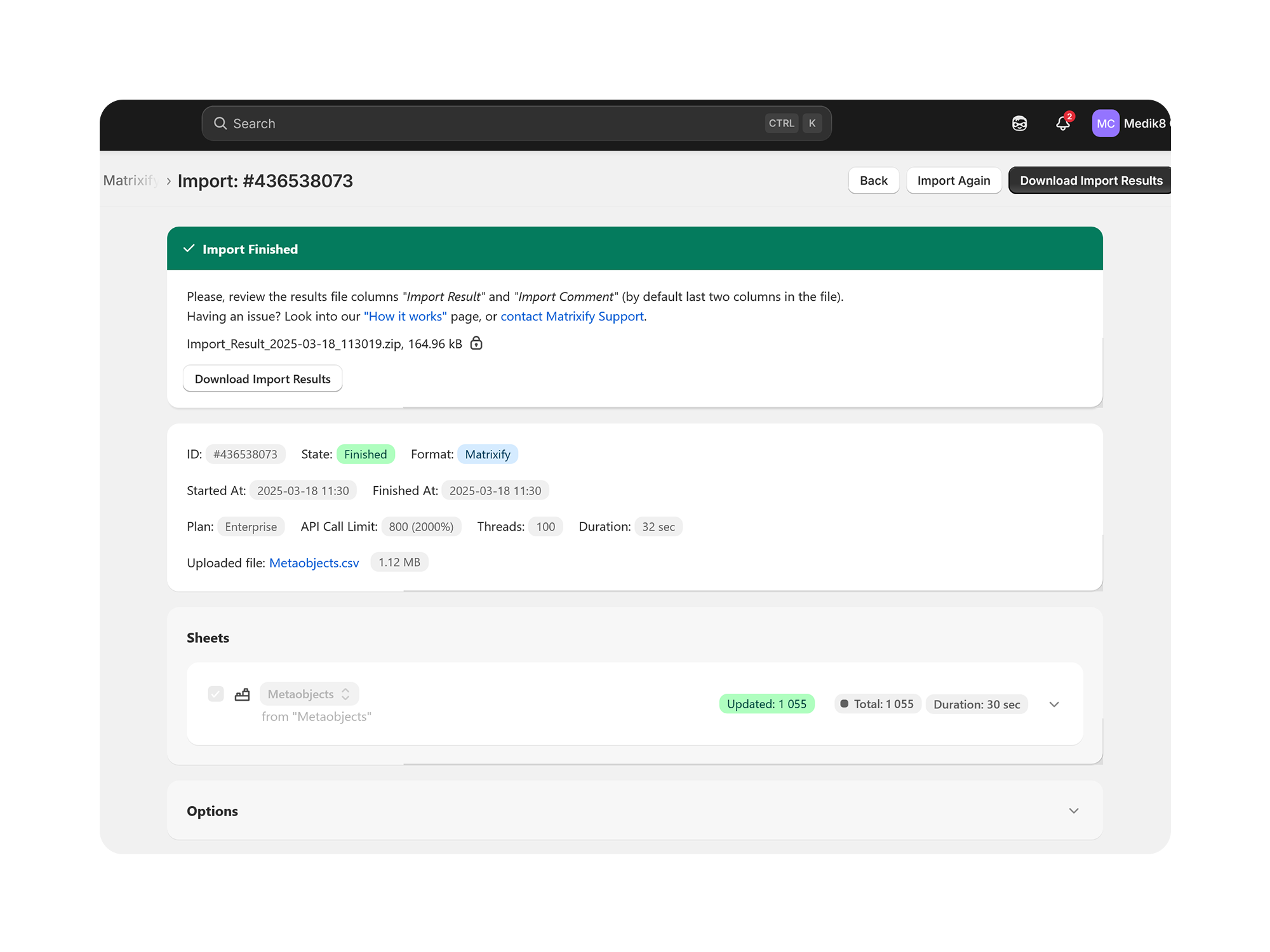 Shopify Matrixify screen showing a finished CSV import of 1,055 metaobject records.