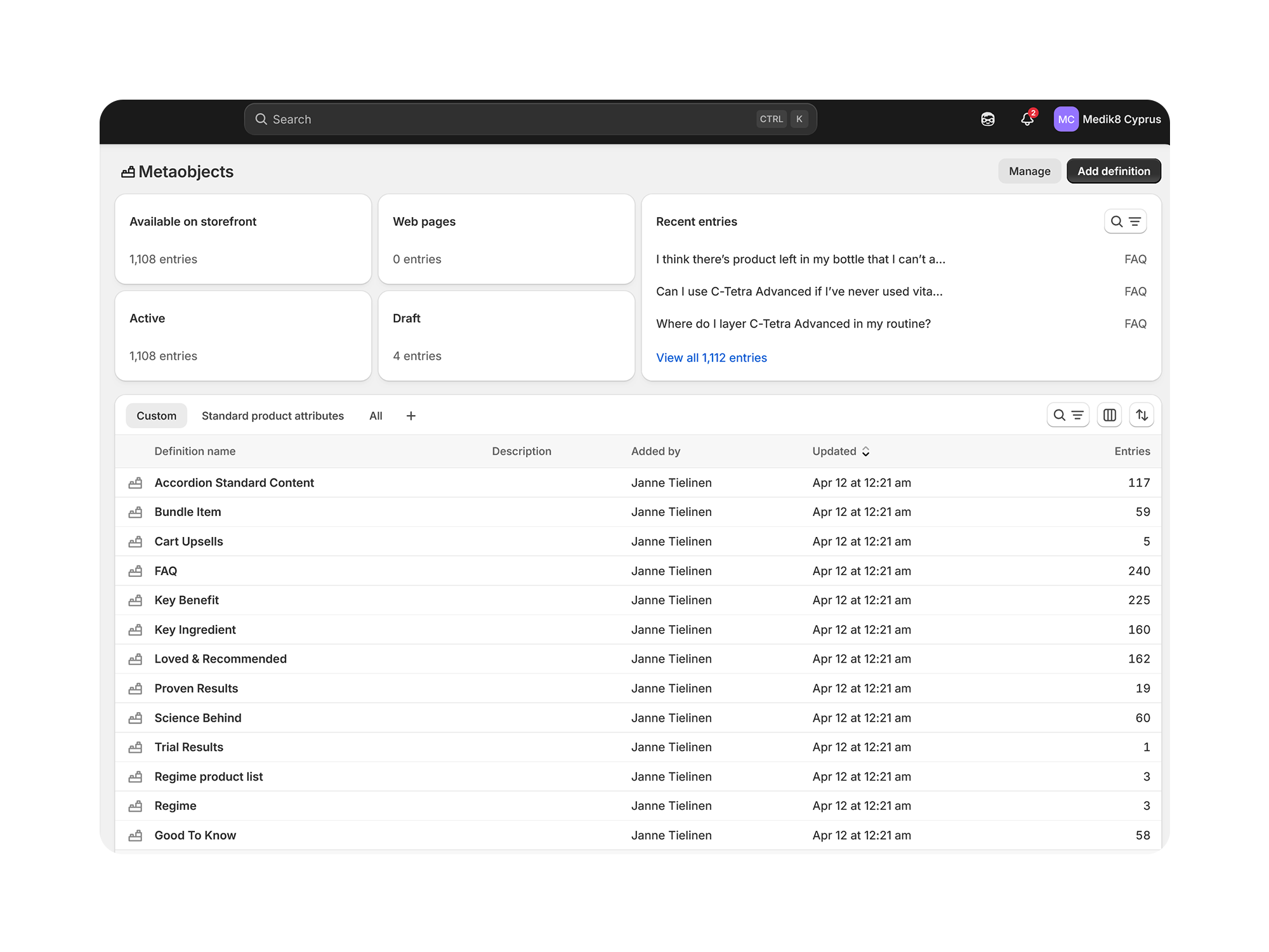 Shopify Admin “Metaobjects” list view with custom definitions like FAQ, Key Ingredient and entry counts.