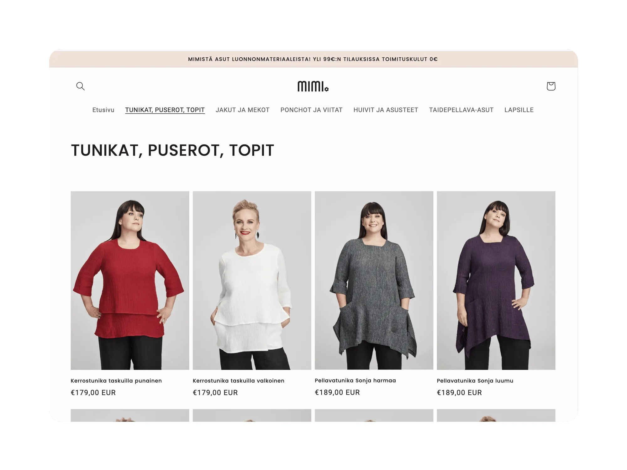 Desktop listing: Mimi.fi display of tunics, sweaters, and tops with model thumbnails and prices (€179–€189)