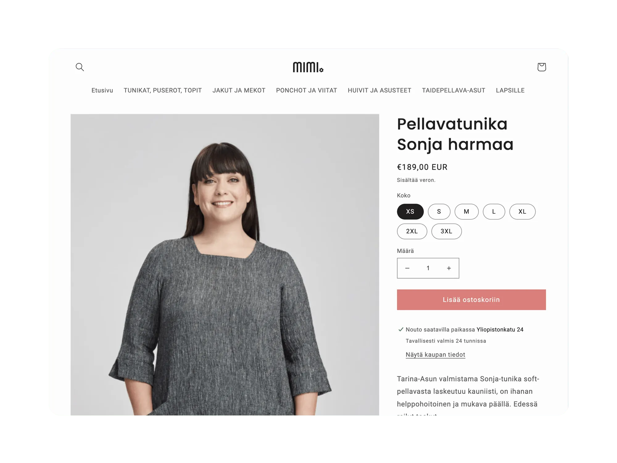 Desktop product page: grey Sonja linen tunic (€189) with size XS–3XL selector, add‑to‑cart button, and local pickup details