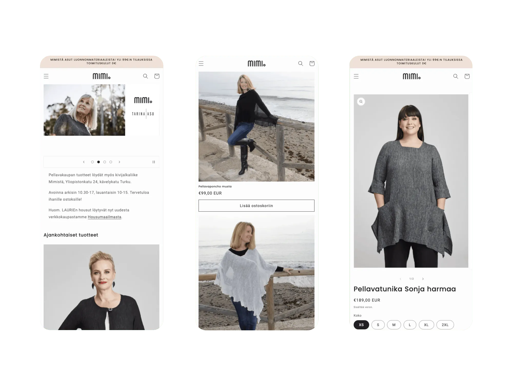 Mobile view: Mimi.fi homepage, category page showing black poncho (€99), and product page for grey Sonja tunic