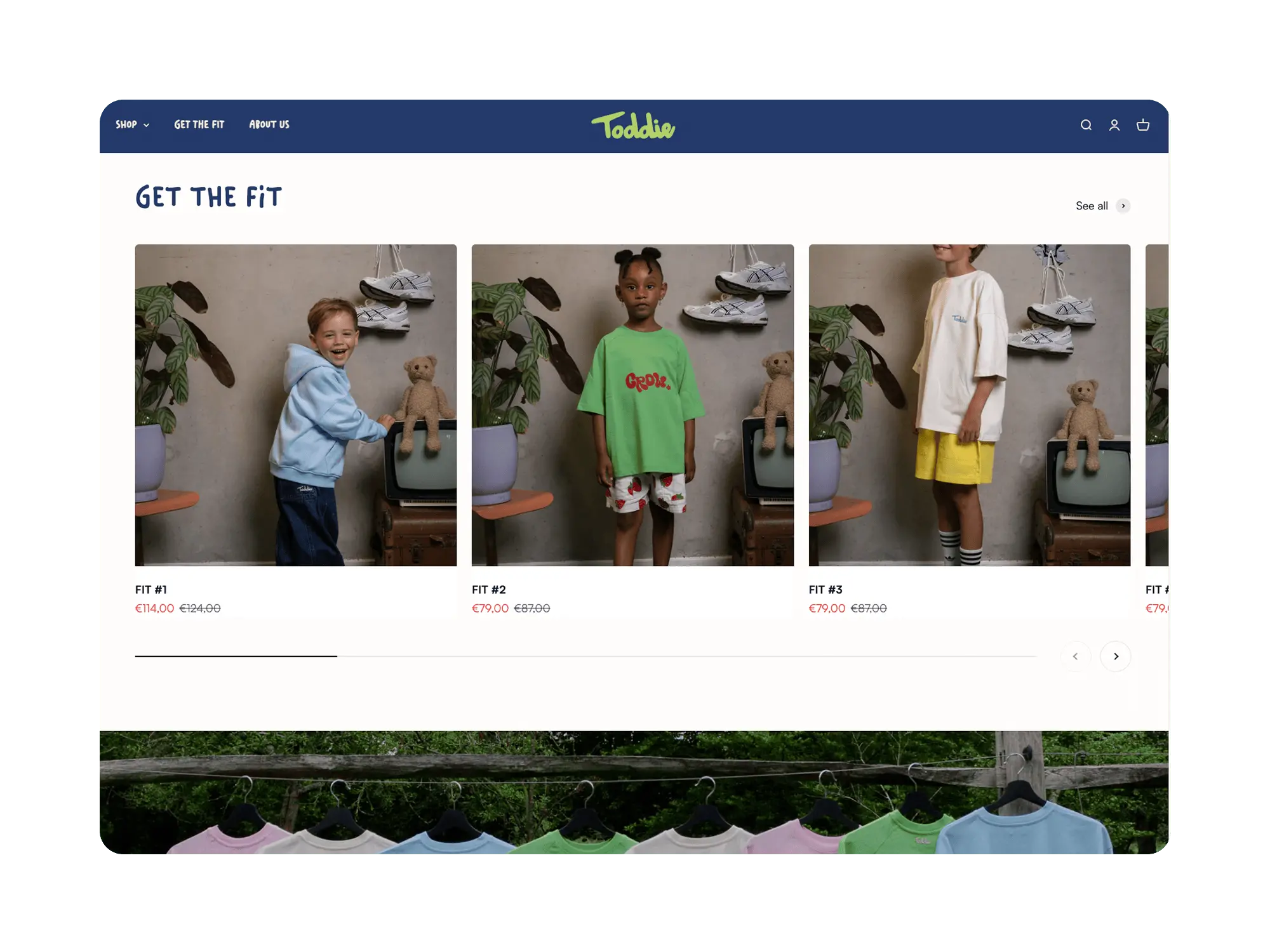 three outfit cards in a horizontal slider, navy header, prices shown with strike‑through discounts.