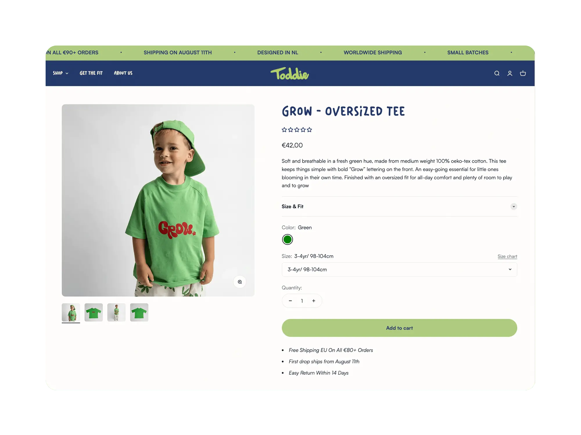  “Grow – Oversized Tee” with large gallery, color swatch, size dropdown, green “Add to cart” button and key selling points.