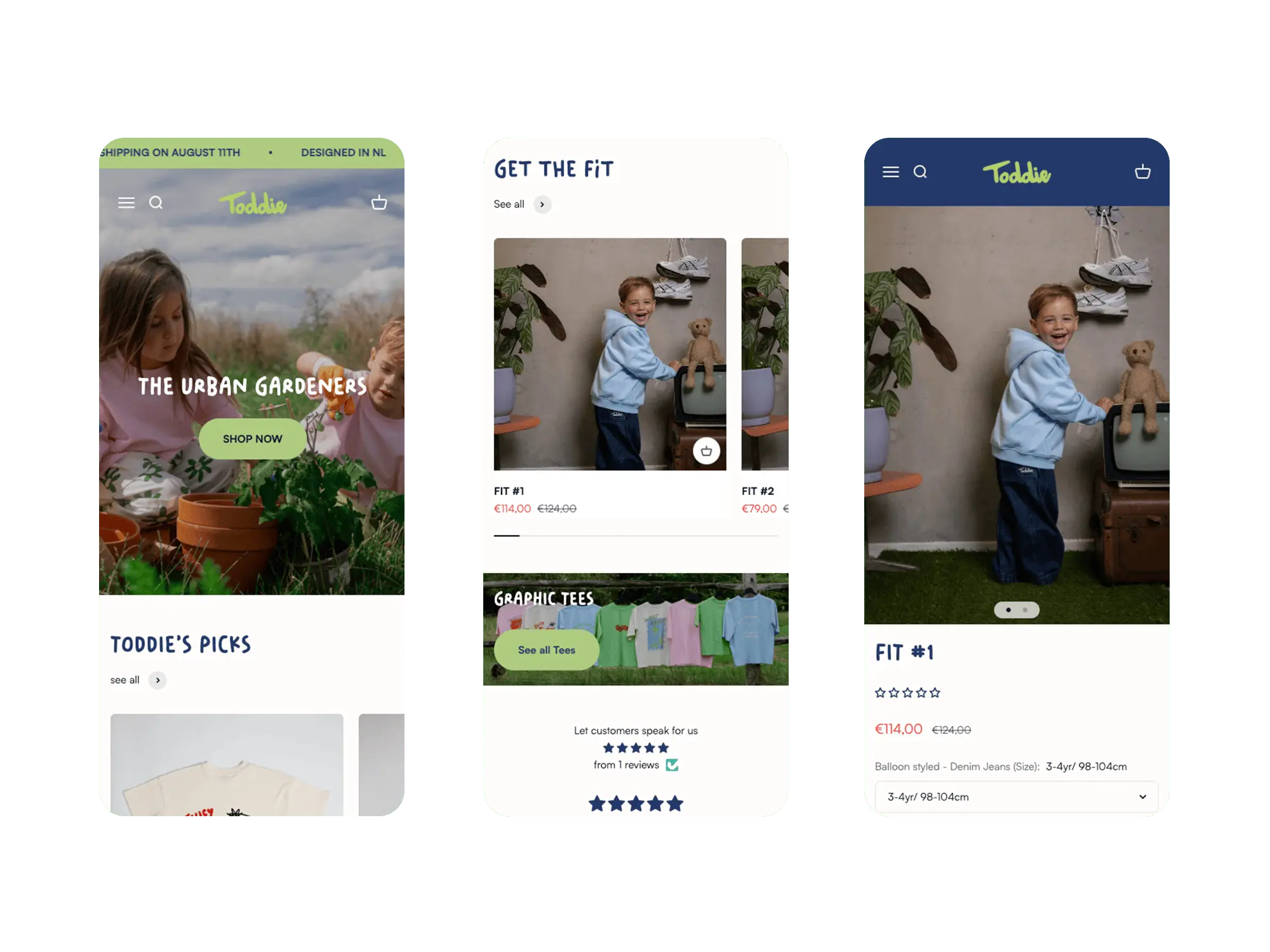 three phone mock‑ups displaying home hero, “Get the Fit” slider and an outfit product page, illustrating responsive design.