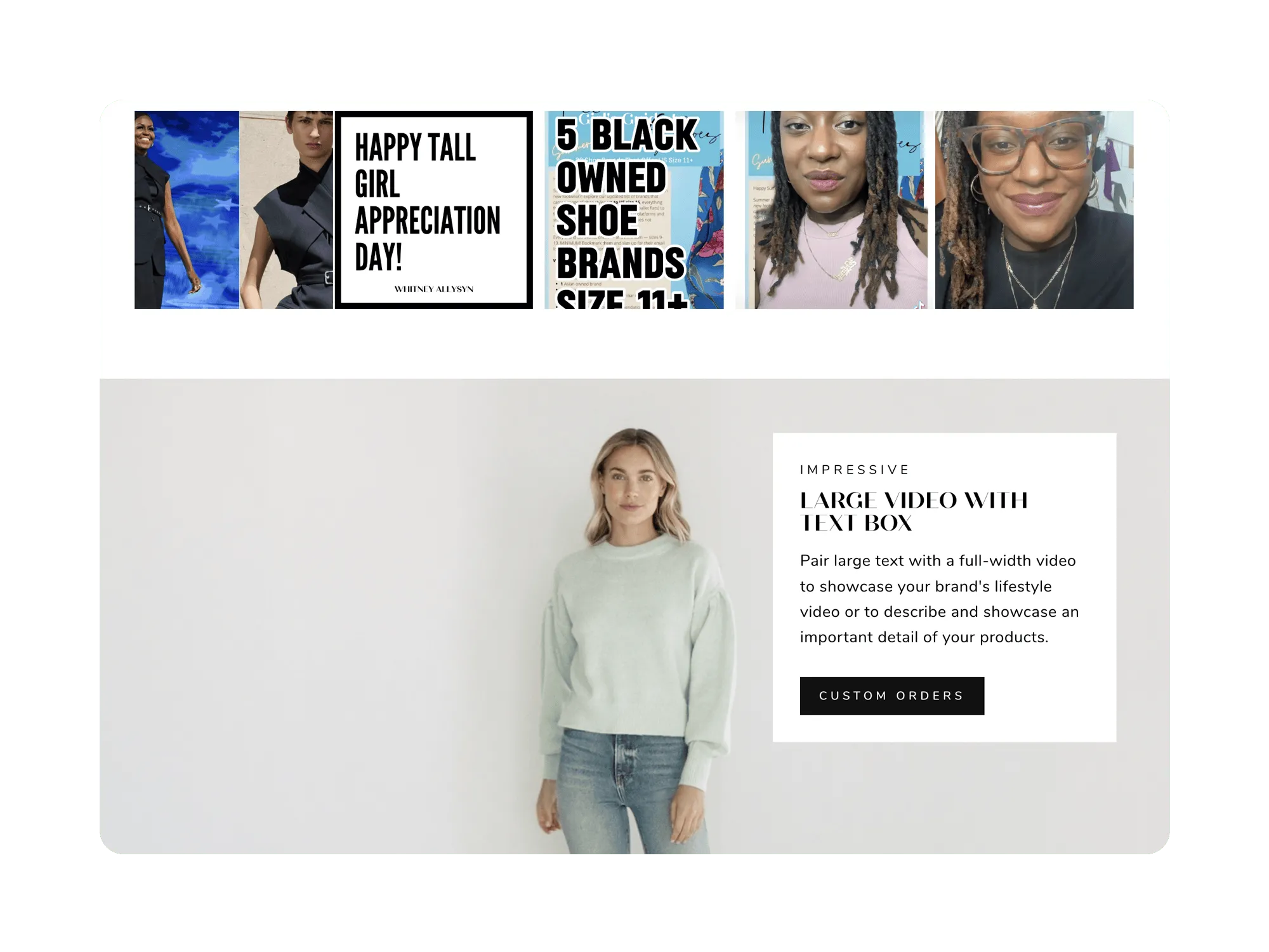Lifestyle section featuring a woman in a green sweater, large video with a text box showcasing custom orders.