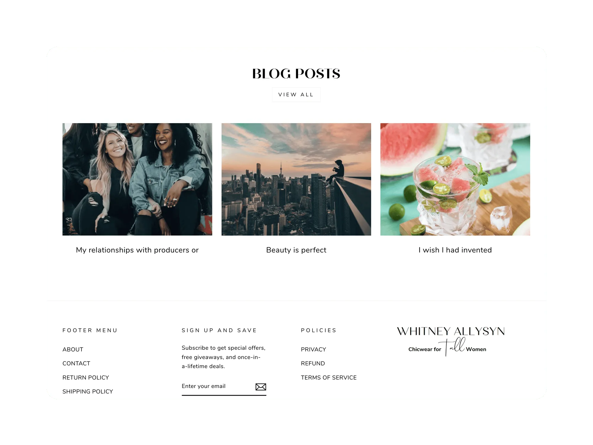 Blog posts section featuring three thumbnails: group of women, cityscape view, and a drink, with text below each thumbnail.
