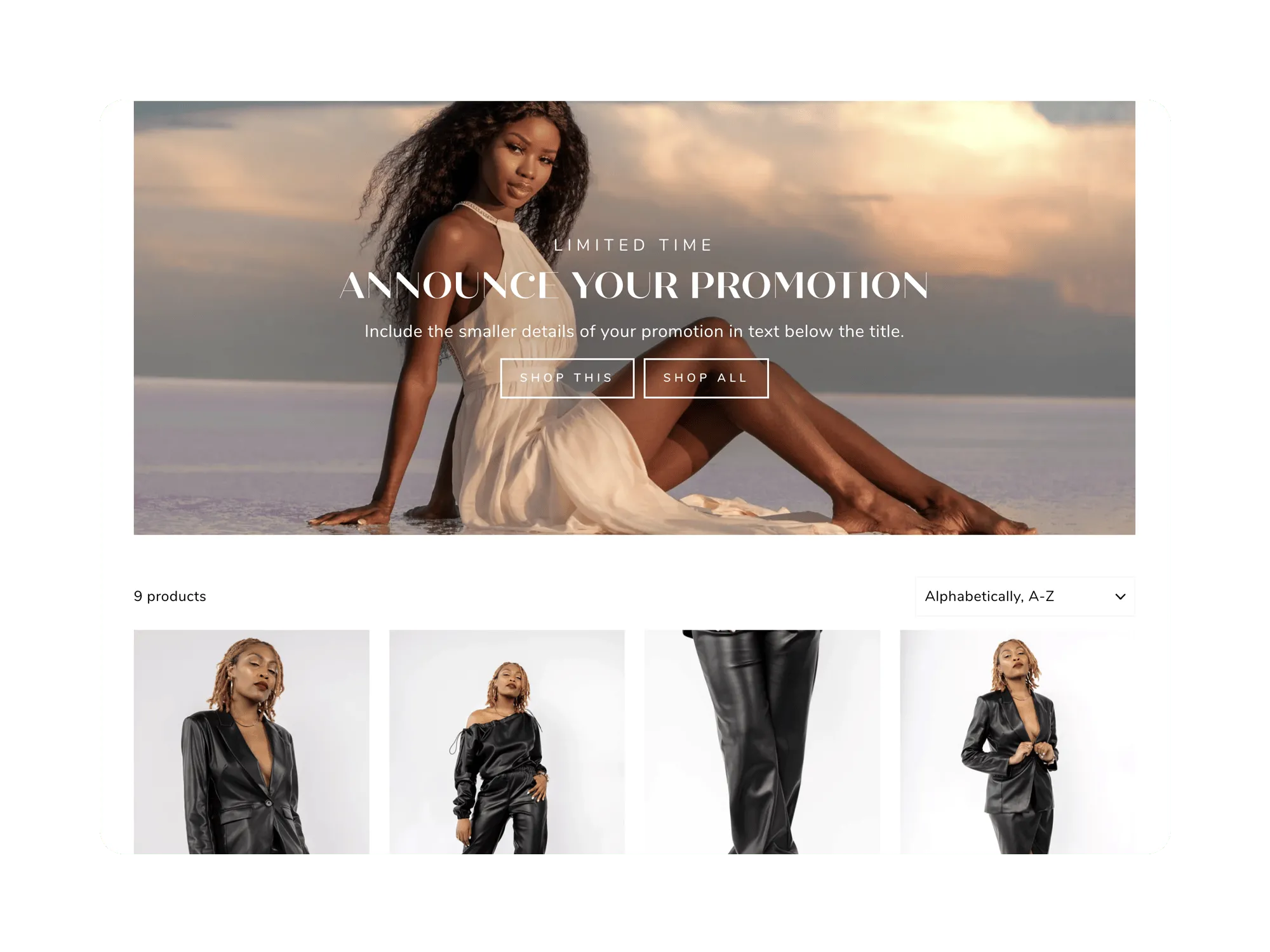 Limited-time promotion featuring a woman in a white dress, with a product grid of fashion items below.