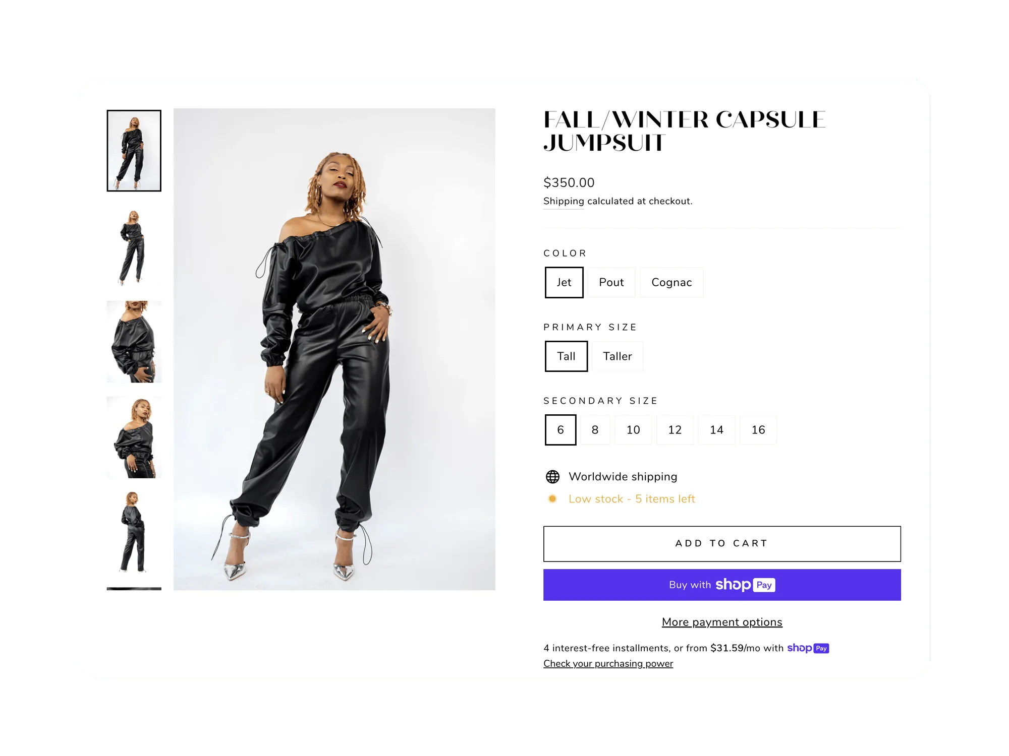 Product detail page for 'Fall/Winter Capsule Jumpsuit,' showing product image, color and size options, and an add-to-cart button.
