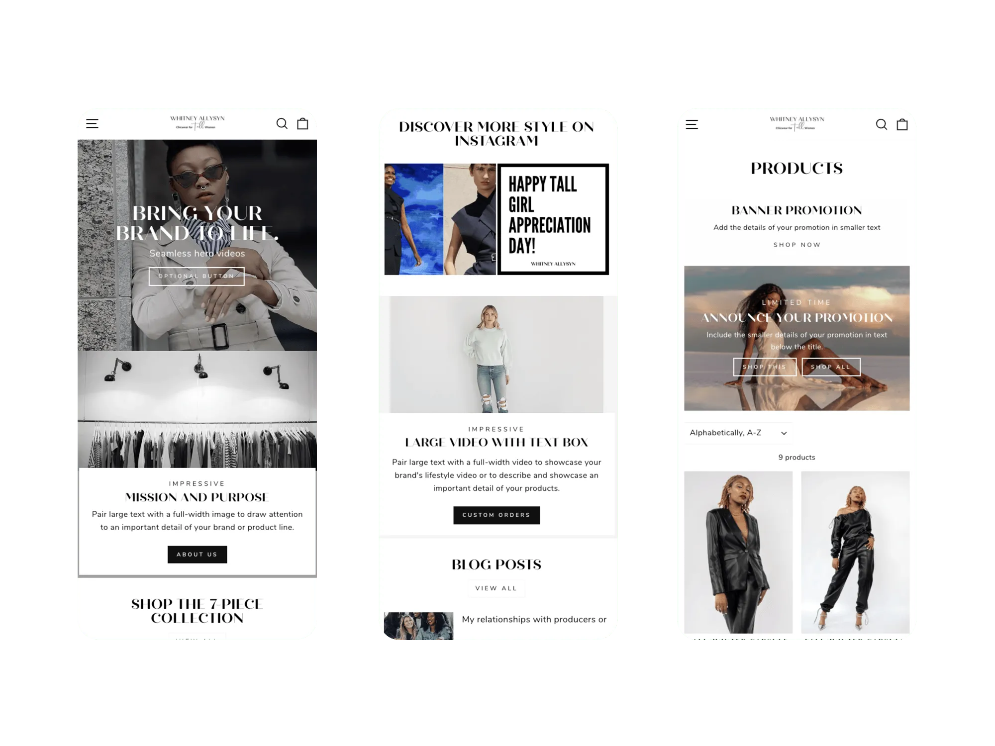 Mobile view of the Whitney Allysyn homepage featuring a hero image of a woman in a beige coat, with overlay text promoting hero videos.